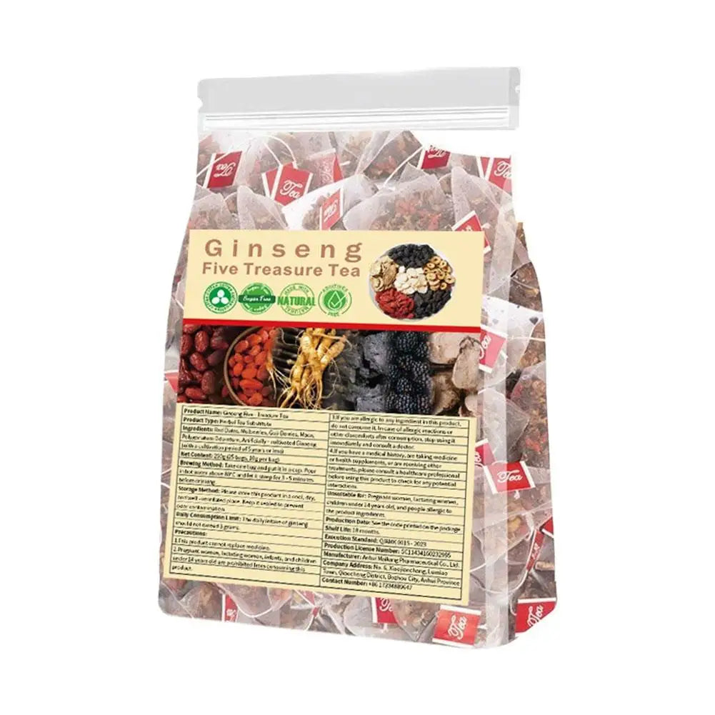 Ginseng Five Treasure Tea Natural Herbal Tea Bags with Goji Berry Mulberry Polygonatum Jujube for Energy Boost Daily Health Care