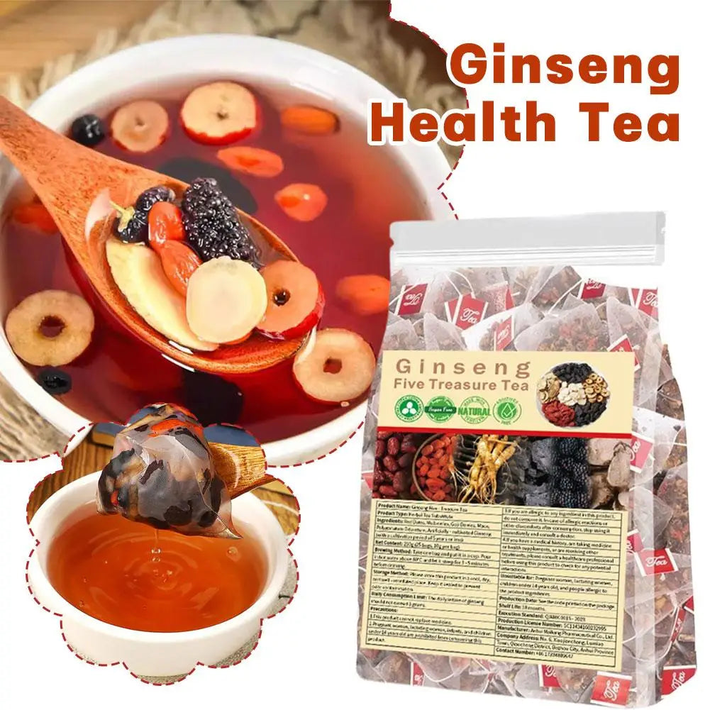 Ginseng Five Treasure Tea Natural Herbal Tea Bags with Goji Berry Mulberry Polygonatum Jujube for Energy Boost Daily Health Care