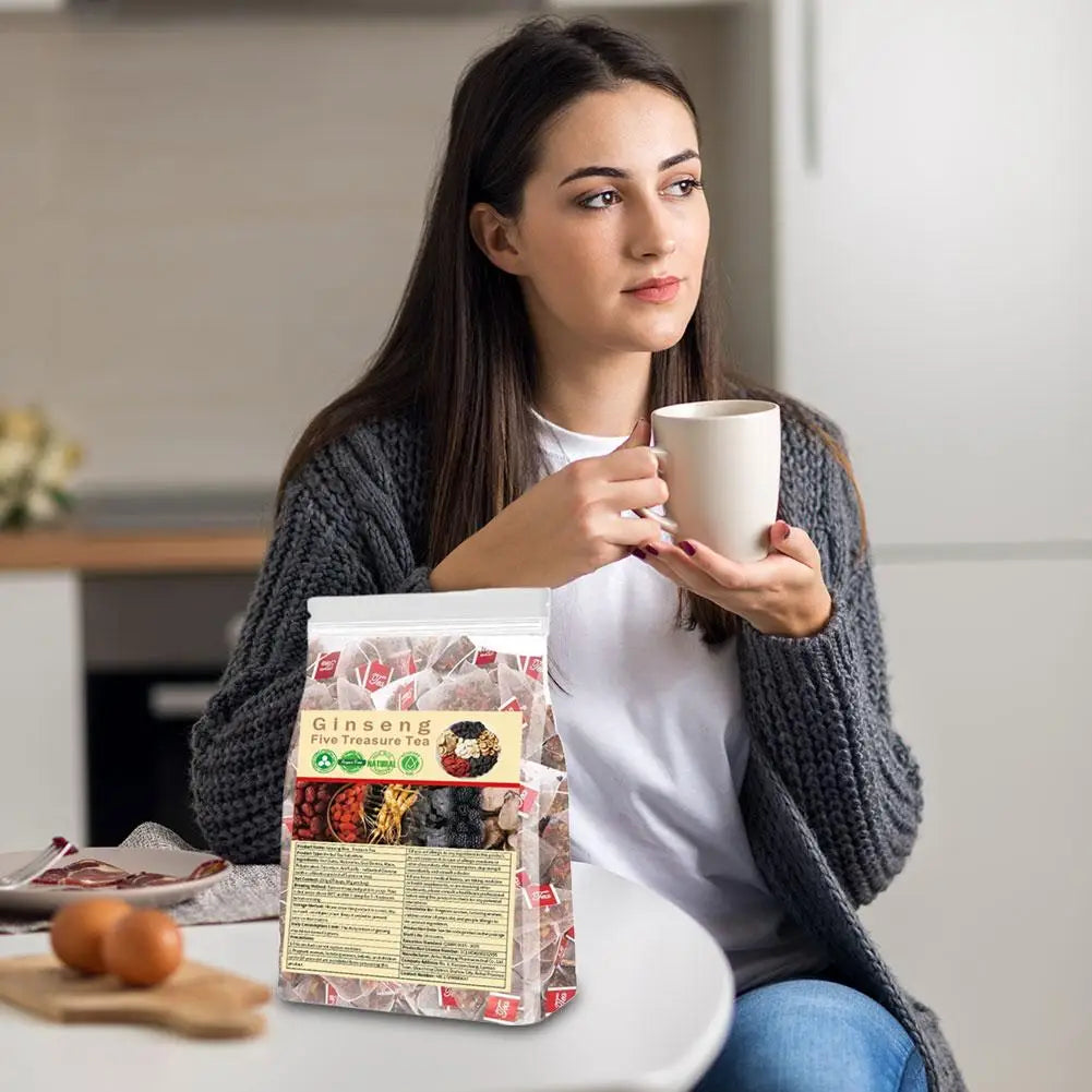 Ginseng Five Treasure Tea Natural Herbal Tea Bags with Goji Berry Mulberry Polygonatum Jujube for Energy Boost Daily Health Care